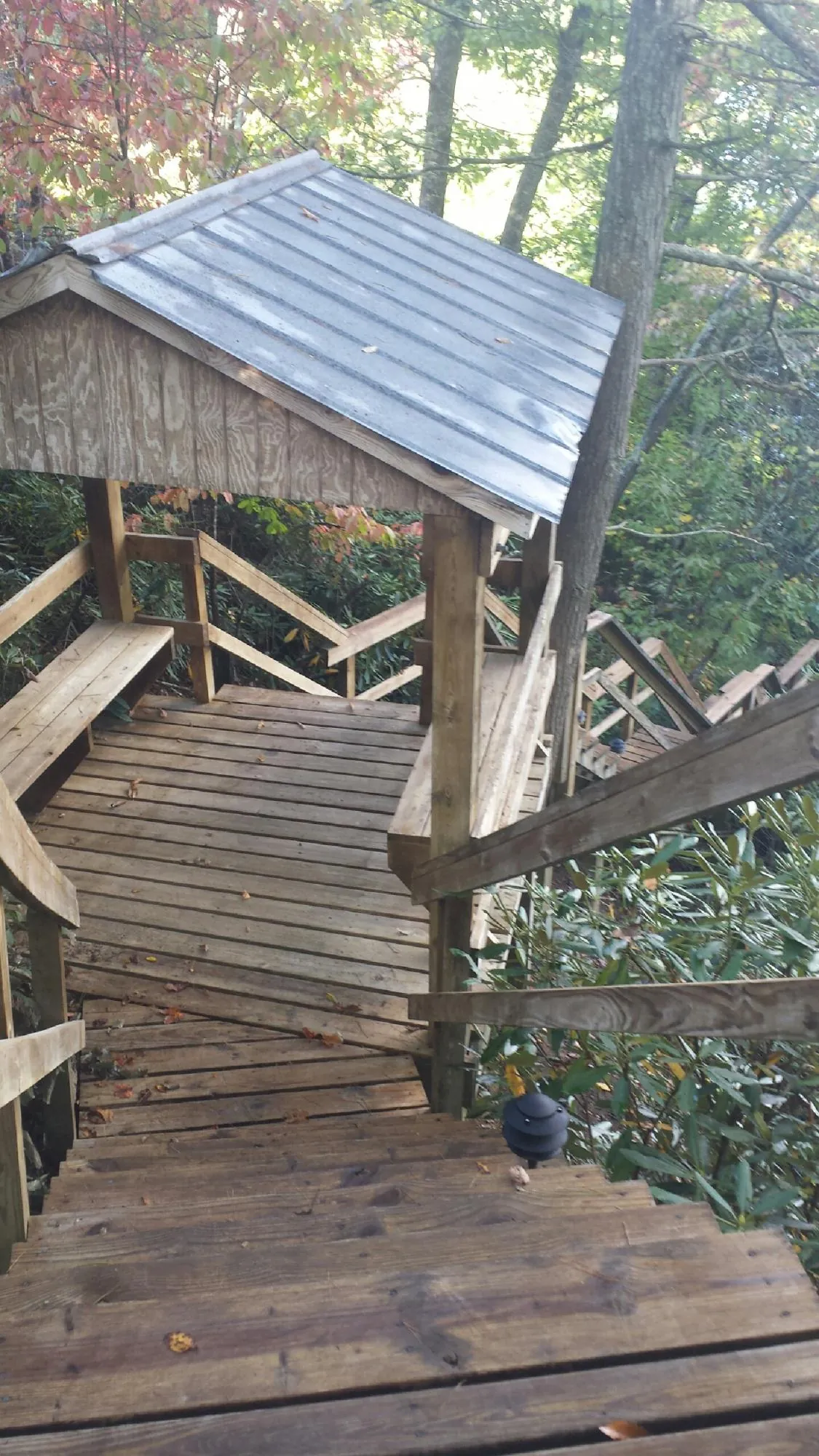 Metal roofed shelter over wooden steps on a wooded walkway — Skylight Repair & Installation work by our crew in Richardson